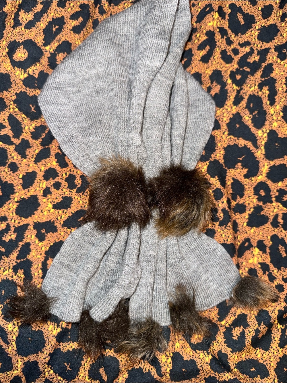 Mud Pie Gray Knit Hat with Brown Faux Fur Trim